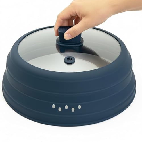 Cubierta de microondas para alimentos, cubierta plegable de vidrio para microondas de 9.8 pulgadas con asa, cubierta de silicona para salpicaduras de microondas para olla, plato y tazón (negro) (azul)