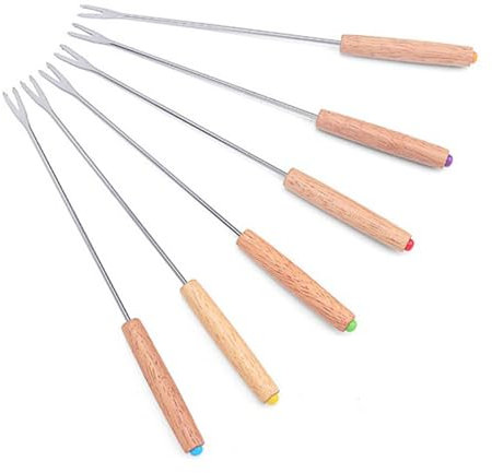 ZPSHYD Juego de 6 tenedores de fondue multifuncionales de acero inoxidable con asas de madera para fondue de frutas, queso y chote, 30 cm de largo