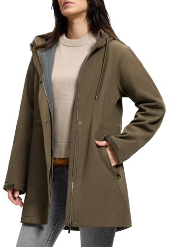 SaphiRose Women's Waterproof Rain Jacket with Fleece Lining Hooded Windbreaker Long Warm Outdoor Softshell Coat (Olive Green, L)