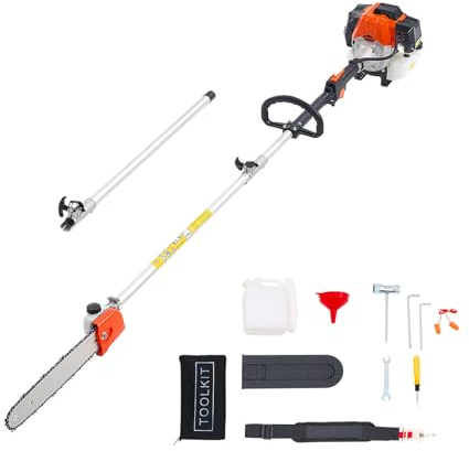 VEVOR Motosierra de Pértiga a Gasolina, Motosierra Inalámbrica de 52 cc y 2 Tiempos con Barra de Corte de 35,6 cm, Tanque de Combustible de 850 ml y Extensible de 2,2-2,94 m para Podar Árboles