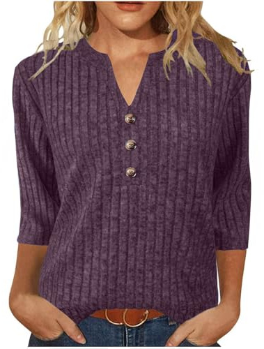 Womens Sweaters 3/4 Length Sleeve Tops V Neck Button Jumpers Womens Top Knit Stripe Fall Ladies Sweatshirts Jumpers Solid Color Workout Plus Size Activewear Casual Tunic Pullover Blouses Purple