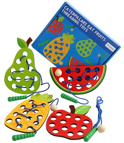 4 Pcs Wooden Lacing Toy,Educational Threading Activity Puzzles,Fine Motor Skill Toys,Wooden Fruit Threading Set ，for Toddlers Kids ，1 Apple,1 Watermelon,1 Pineapple,1 Pear，Gifts for Christmas