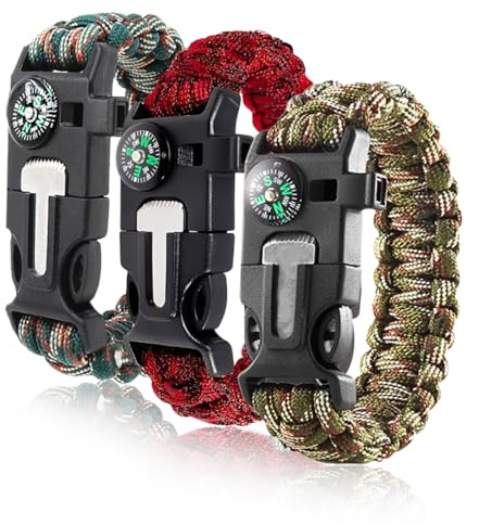 THQAE 3-Pack Bracelet Paracorde 5-en-1,avec Allume-feu Sifflet Boussole Longueur Réglable pour Camping et Survie en Pleine Nature