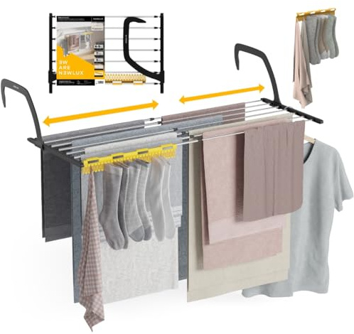 Newlux - Tendedero Balcón Extensible Flex V9 de Acero INOX (+/- 52.5-92,5x35x17cm). Tendedero barandilla Plegable con Capacidad 9M y 7kg. Accesorio Calcetines. Ideal Interiores y Exteriores, Negro