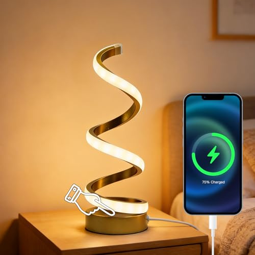 Falafoty Modern Spiral LED Table Lamp, 3 Color Dimmable Bedside Lamp with USB, Desk Nightstand Lamp, Minimalist Twisted Decorative Light Desk Lamp for Home Decor Living Room Bedroom Office (1 Gold)