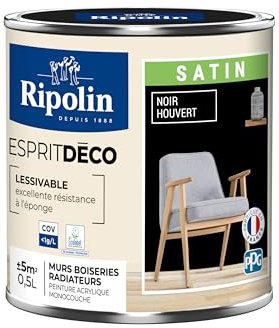 RIPOLIN - Peinture Intérieure Multi-Supports – Murs, Boiseries & Radiateurs – Ultra-Couvrante – Lessivable – Application Facile – Ecolabel - Satin - 0,5L - Noir Houvert