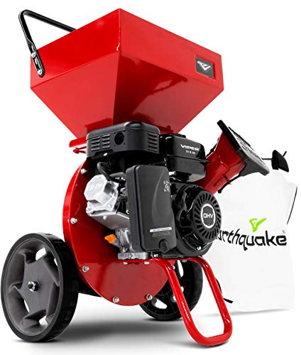 Earthquake 33968 K32 Chipper Shredder, Heavy Duty 212cc 4 Cycle Viper Engine, Chip Branches up to 3” in Diameter, 20:1 Reduction, Airless Wheels, Included Debris Bag, Red