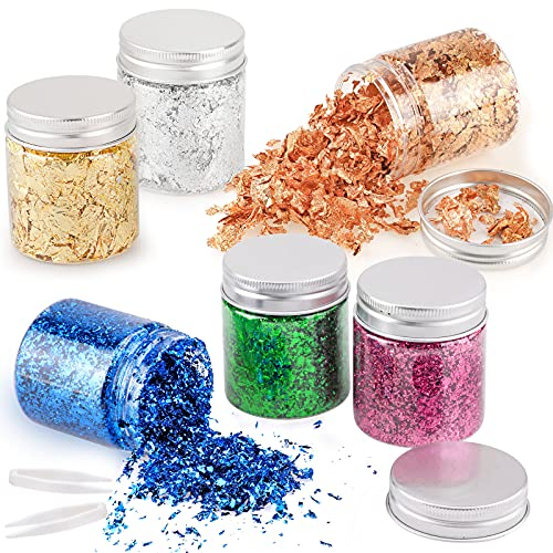 6 Botellas Imitación Pan De Oro, Pan De Oro Rosa, Pan De Plata para Proyecto Artístico, Artesanía Dorada, Arte De Resina, Arte De Uñas, con Pinzas(Oro,Plata,Oro Rosa,Azul,Verde,Rojo Rosa)