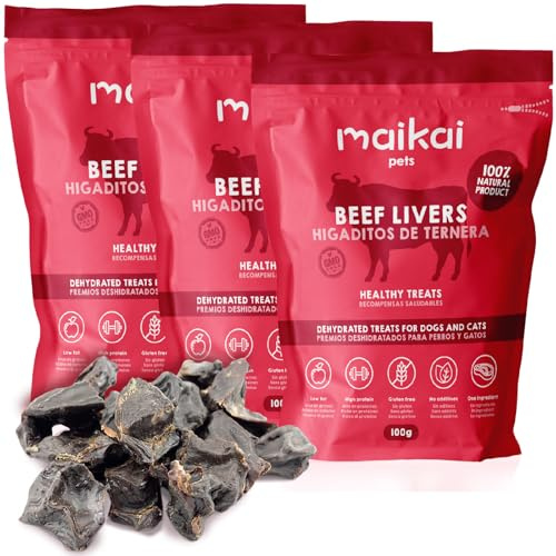 MAIKAI Snack Naturali per Cani e Gatti Ricchi di Omega 3 e 6 Fegatini di Vitello Essiccati 3x100g per Tutte le Età Premio BARF per l`Addestramento Salutare per Pelo Articolazioni e Sistema Immunitario