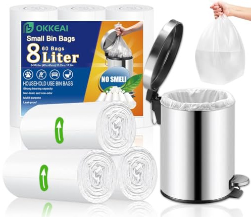 OKKEAI Small Pedal Bin Liners Bathroom Bin Bags White Garbage Bag 8l Rubbish Bag Plastic Clear Trash Bags for Toilet,Office Fit 6L,7L,8L,9L,10L
