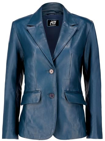 Jild Classic 2-Button Lambskin Leather Blazer Women - Casual Coat Long Sleeves Suit Style Leather Jacket Women (LC-Blue-M)
