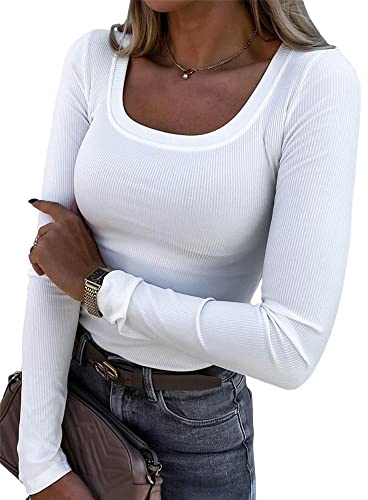 Roselux Womens Long Sleeve Scoop Neck Ribbed Knit Fitted Casual Tops Tee Slim Basic Shirts(3924,White-S)