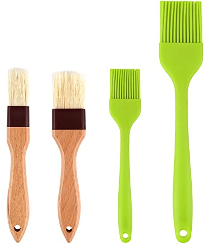 4 Pezzi Pennelli da Pasticceria, Pennelli da Imbastitura in Silicone Pennelli per Alimenti con Manico in Faggio per Cucina Cottura al Forno Grigliate per Spalmare Salse Burro (2 Specifiche)