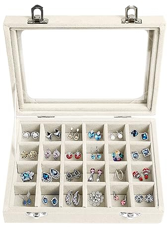 EONGOA 24 Grid Velvet Jewelry Tray for Drawers Detachable Jewelry Showcase Box Glass Clear Lid Showcase Display Storage Ring Trays Holder Earrings Organizer Case (Beige)