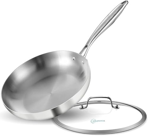 LOLYKITCH 24 CM Tri-Ply Stainless Steel Frying Pan with Lid | Riveted Ergonomic Handle, Uniform Even Heating, All Stoves Compatible Including Induction, Oven Safe Cooking Skillet