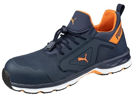 PUMA Safety Chase Blue Orange Low S1PS ESD FO HRO SR säkerhetsskor män andas halkfri metallfri fiberglaslock arbetsskor, Blå orange, 41 EU