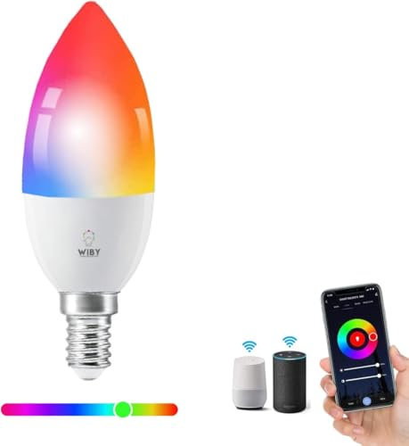 Wiby Lampadina a Oliva Smart Wi-Fi E14 4,5W 385lm RGB + CCT 2700-6500K Dimmerabile, Compatibile con Alexa & Google Home, App Tuya/Smart Life, 1 unità