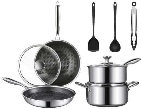 TalingMA Non Stick Pots and Pan Set, 10 Pcs Hybrid Stainless Steel Cookware Set with Lids, Kitchen Skillet, Stock Pot, Nonstick Frying Pan, Kitchen Cooking Utensils, Induction, Dishwasher Safe