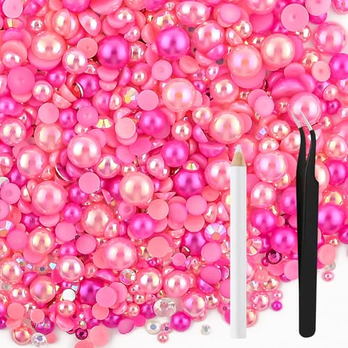 NACHLYNN Mezcla de perlas y diamantes de imitación para manualidades, diamantes de imitación de parte trasera plana, media redonda, tamaño mixto, 3 mm-10 mm, perlas de parte trasera plana para