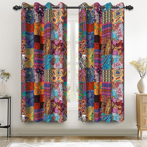 Renaiss 42 x 63 Inch Bohemian Patchwork Blackout Curtains Paisley Plaid Patchwork Inspired Squares Curtain Grommet Country Folk Geometric Art Thermal Insulate Curtain for Living Room Bedroom 2 Panels