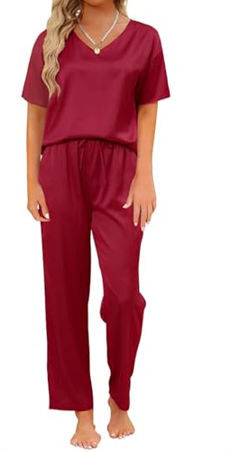 TeJoyce Dam satinpyjamas för sommar, tvådelad pyjamas silke för kvinnor, set kortärmad och byxor långa med fickor, lätt och elegant sidenpyjamas för att sova S–XXL, röd, XL