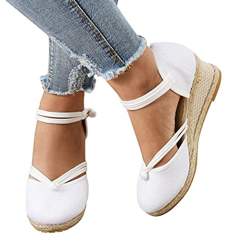 Sommerschuhe Bequem,Sandalen Damen Espadrilles Plateau Wedges Sandaletten mit Geschlossene Keilabsatz Sommerschuhe Sommer Pumps Frauen Schuhe gestrickt Schnalle Sandalen Linen Geflochtene Weiss 39