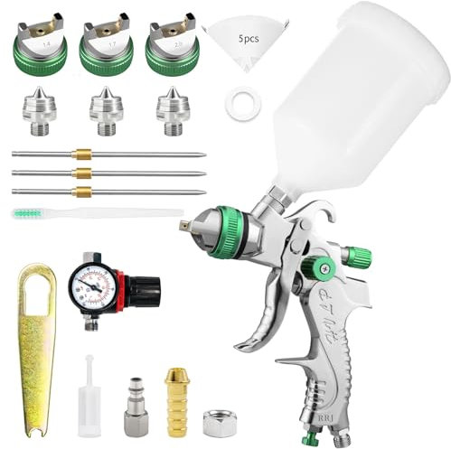 HVLP Lackierpistole Spritzpistole Kit mit 3 Düsen - 1,4/1,7/2,0mm, Farbspritzpistole Profi Lackierpistole Druckluft Schwerkraft Sprühgeräte mit 600 ml Plastikbecher&Luftdruckregler (Grün)