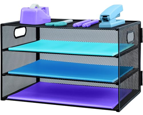 3 Tier Desk Organiser with Handle, Pull-out Mesh File Organizer for Desk Letter Tray Organizer Mesh Desk Organiser Tray Paper Storage Rack for A4 File Office Supplie, Black