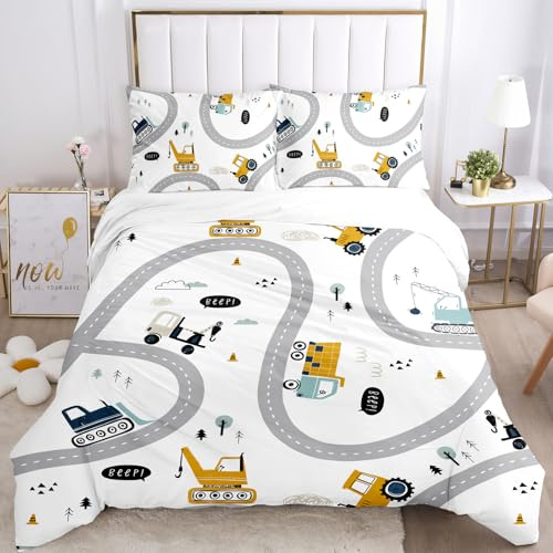 Ropa de Cama con Motivos de maquinaria de construcción, 135 x 200 cm, Ropa de Cama para niños de construcción, Ropa de Motivos de excavadoras, Juego Cama con Motivos vehículos. (A, 200x200cm)