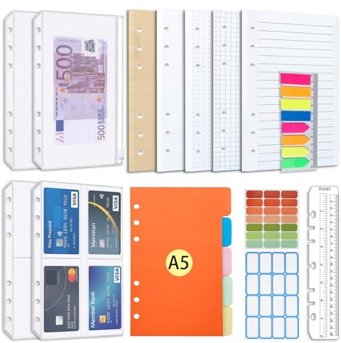 Juego de recambios de papel AQTAQ A5, 6 hojas, notas adhesivas recargables, 100 hojas/200 páginas, separadores de colores A5, notas adhesivas de bolsillo para sobres, para carpetas de 6 anillas