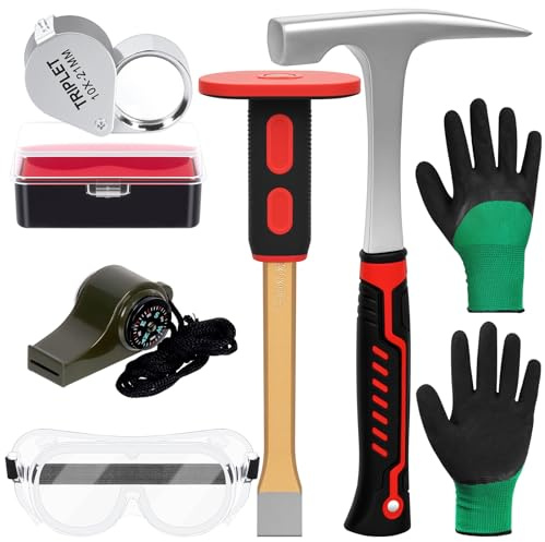 Mardatt 6Pcs Geology Rock Pick Hammer Kit, 32 oz. Rock Hammer & 12 Mason Chisel, Safety Glasses, Whistle, Jewelers Loupe 10X and Gloves, Rock Hounding Tools for Rock Hounding, Stone Breaking