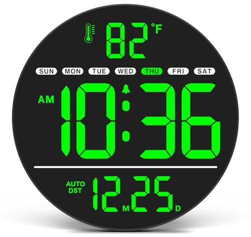 WallarGe Large Digital Wall Clock with LED Display, Electric Wall Clock with Temperature, Auto DST, Date, and Day, 5-Level Brightness for Office, Bedroom, Living Room, Classroom Décor