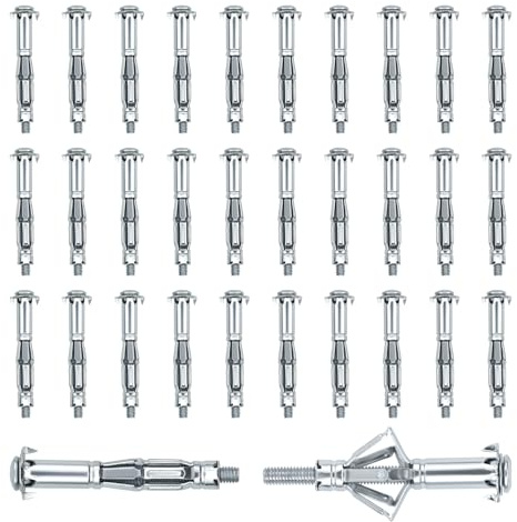 BEASAFY Juego de 30 tacos de pared hueca, M6 x 65 mm, tacos de metal galvanizado, tacos de expansión con tornillo, tacos de metal huecos, ranuras de expansión para fijaciones en placas de yeso