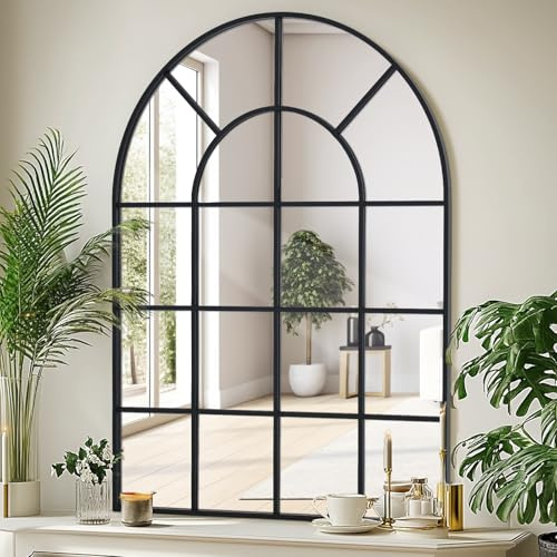LunaMirror Espejo de ventana curvo 75 x 100 cm con marco de aluminio negro para interior, salón, pasillo, entrada, decoración de jardín exterior