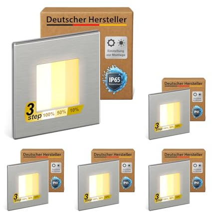 ledscom.de Luminaire d'escalier/encastré mural FEMA à 5 LED pour l'intérieur et l'extérieur, de forme carrée, en acier inoxydable, 80 x 80 mm, blanc chaud