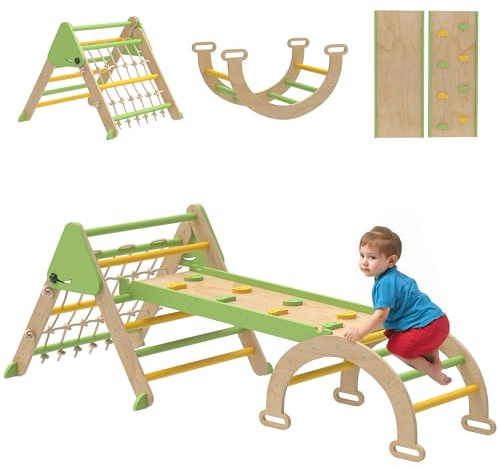 AIYAPLAY Struttura da Arrampicata per Bambini 8 in 1, Scala a Triangolo Pieghevole, Arco Montessori con Scivolo in Legno, Palestra Montessori per Bambini da 1.5 a 4 Anni, Parco Giochi per Interni