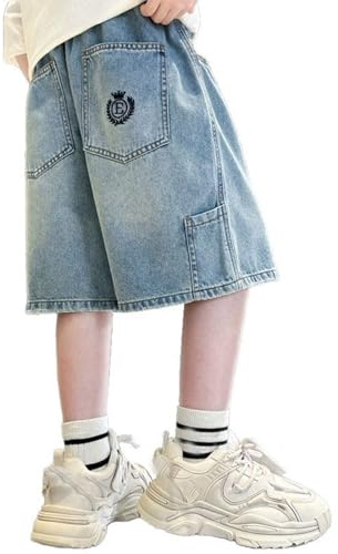 Generisch Short en jean pour garçon avec taille élastique et jambe large, décontracté, ample et avec poches, bleu, 12-13 ans