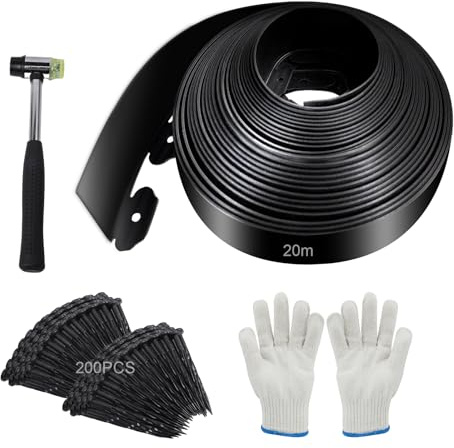 Storystore Bordo flessibile per prato, in plastica, 20 m di lunghezza e 10 cm di altezza, con 200 ancoraggi a terra, bordatura in plastica per aiuola, delimitazione per prato, colore nero