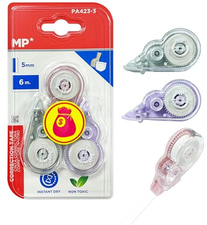 MP 3 stycken korrigeringsrullar, mus, 6 m x 5 mm korrigeringsmus, exakt, omedelbart skrivbart korrigeringsband för kontor, hemmakontor eller skola, kompakt