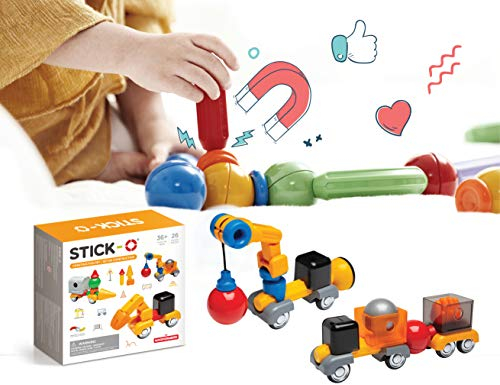 Stick-O magnetische Bausteine für Kinder ab 3 Jahre, kreatives Konstruktionsspielzeug, Lernspielzeug mit Magnet, Baustellen Set für Mädchen und Jungen, Montessori Spielzeug, 26 Teile Set,