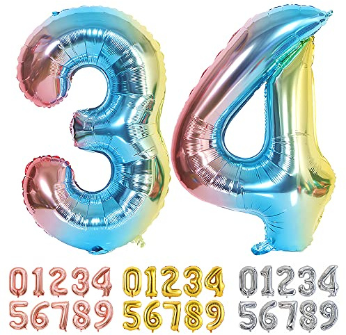 Ponmoo Foil Balloon Number 34/43 Gradient Blue, Giant Numbers 0 1 2 3 4 5 6 7 8 9 10-19 20-29 30-39 40-49 50-60-70-80-90-100, Large Balloons for Wedding Anniversary Birthday Party Decoration