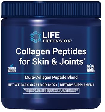 Life Extension Collagen Peptides for Skin & Joints, Collagen Types I, II & III in an Easy-Mix Powder, Gluten Free, Non-GMO, net Weight 343 Grams