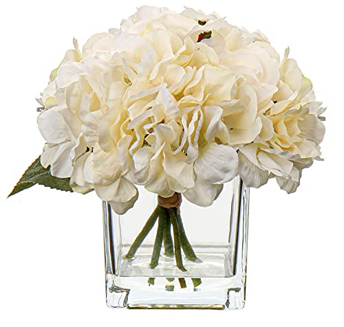 Flores artificiales en jarrón de seda con flores de hortensias en agua falsa para decoración del hogar, flores falsas y hortensias con maceta de vidrio para oficina, decoración de mesa, color crema