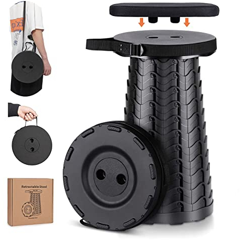 Hesanzol Tragbarer Klapphocker mit Sitzkissen, Zweiten Generation Mini Teleskophocker Leichte Campinghocker für Outdoor Camping Angeln BBQ Drinnen Küche, Belastung 180 kg(Black)