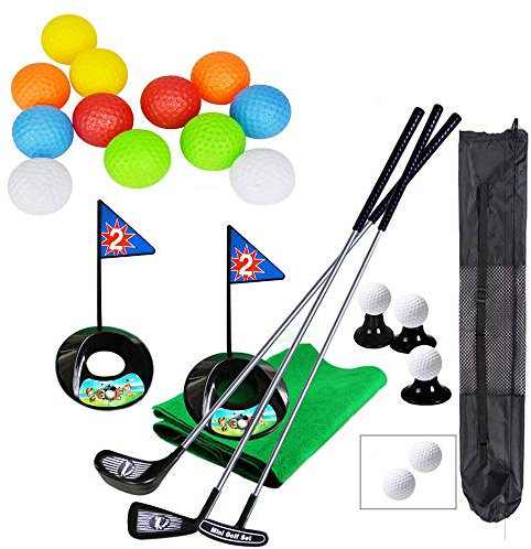 SOWOFA Golf Set Spielzeug für Kinder Kleinkind Metall Golf Club Logo Übungsball Sport Indoor-Spiel Golf 24 Zoll Training 17 PCS mit Rucksack Kostenlos 12 Bunte Golfbälle