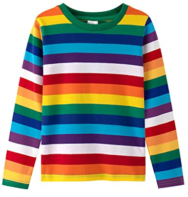 Spring&Gege - Camiseta de manga larga de algodón para niño con cuello redondo a rayas, Rayas arcoíris., 11-12 años