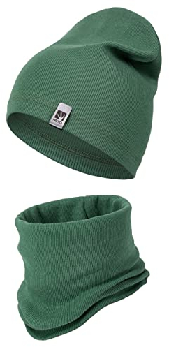 HEYO Kinder Beanie Mütze Schlauchschal Set für Mädchen Jungen Frühling Strickmütze Schal (Khaki)