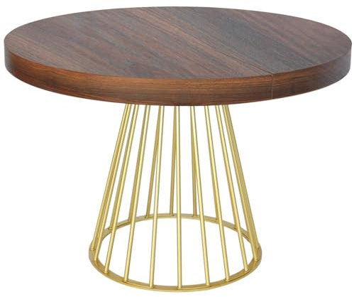 Menzzo Table Ronde Extensible Soare - Bois Noisette avec Pieds Or, Table à Manger Design et Modulable pour Cuisine & Salon