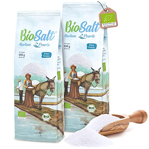 BioSalt Nortem Pearls Sal Marina Virgen Ecológica 2x650 g Grano Fino. Sal Gourmet 100% Natural. Rica en Minerales. Cocina Sana. Sin Refinar, Sin Conservantes.