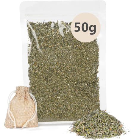 OSDUE Hierba gatera con Bolsa Recargable, Mezcla de Hierba gatera 100% Natural, para Juegos de Gatos, Juguetes de Entrenamiento y Hierba gatera, Postes para rascar y Camas para Gatos (50g)